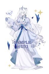Rule 34 | 1girl, asphyxia17, blue dress, blue eyes, blue ribbon, clock, closed mouth, commentary request, crystal, dress, expressionless, frilled dress, frilled garter, frills, full body, hand up, highres, juliet sleeves, layered dress, layered sleeves, long hair, long sleeves, object request, original, pointy ears, puffy sleeves, ribbon, sample watermark, single sidelock, sleeve garter, sleeves past fingers, sleeves past wrists, solo, sparkle hair ornament, star ornament, telekinesis, twitter username, very long hair, watermark, white background, white dress, white hair, white veil