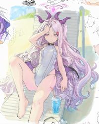 Rule 34 | 1girl, bare shoulders, barefoot, blue archive, breasts, covered navel, drink, hair ornament, hairclip, halo, highres, hina (blue archive), horns, long hair, looking at viewer, lying, on back, one-piece swimsuit, out of frame, purple eyes, purple hair, sketch, small breasts, swimsuit, tyawantyawan356, very long hair, white one-piece swimsuit