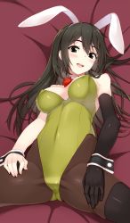 Rule 34 | 10s, 1girl, alternate costume, animal ears, black gloves, black hair, black pantyhose, blush, bow, bowtie, breasts, brown eyes, chikuma (kancolle), cleavage, covered navel, detached collar, elbow gloves, fake animal ears, gin (ginshari), gloves, hands on thighs, highres, kantai collection, large breasts, leotard, long hair, looking at viewer, pantyhose, playboy bunny, rabbit ears, single elbow glove, single thighhigh, smile, solo, spread legs, thighhighs, thighhighs over pantyhose, wrist cuffs