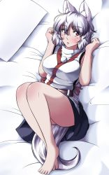 Rule 34 | 1girl, animal ears, barefoot, bed, belly, black skirt, blush, breasts, eyebrows, from above, highres, inubashiri momiji, kouno ibuki, large breasts, legs, looking at viewer, looking up, lying, on back, panties, parted lips, pillow, pom pom (clothes), red eyes, short hair, silver hair, skirt, sleeveless, solo, tail, thighs, touhou, turtleneck, underwear, white panties, wolf ears, wolf tail