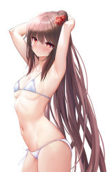 Rule 34 | 1girl, alternate hairstyle, arched back, armpits, arms behind head, arms up, bikini, breasts, brown hair, cleavage, cowboy shot, flower, genshin impact, groin, hair flower, hair ornament, highres, hu tao (genshin impact), long hair, looking at viewer, navel, ponytail, rable, red eyes, side-tie bikini bottom, simple background, skindentation, small breasts, smile, solo, standing, star-shaped pupils, star (symbol), stomach, string bikini, swimsuit, symbol-shaped pupils, very long hair, white background, white bikini