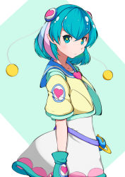 Rule 34 | 1girl, aqua gloves, blue eyes, blue hair, blue sailor collar, closed mouth, collarbone, cropped jacket, dress, fingerless gloves, from side, gloves, hagoromo lala, hair between eyes, hair ornament, heart, jacket, light blue hair, looking at viewer, multicolored hair, pakotaroh, pink hair, pointy ears, precure, sailor collar, short hair, short sleeves, solo, star-shaped pupils, star (symbol), star twinkle precure, streaked hair, symbol-shaped pupils, white dress, yellow jacket