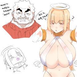 Rule 34 | 1boy, 1girl, angel, angel wings, belly, bikini, blonde hair, blush, breasts, cleavage, closed eyes, cross, cross earrings, earrings, facial hair, gimmogu, green hair, halo, highres, jewelry, large breasts, midriff, mole, mole on breast, mole under mouth, mustache, navel, neck ring, old, old man, original, red eyes, red sweater, sling bikini top, stomach, stubble, sweater, swimsuit, tongue, tongue out, white bikini, wings