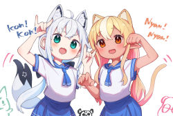 Rule 34 | 2girls, ahoge, animal ears, blonde hair, blue neckwear, blue skirt, cat ears, cat tail, commentary, double fox shadow puppet, extra ears, fox ears, fox girl, fox shadow puppet, fox tail, green eyes, hands up, hololive, kemonomimi mode, long hair, looking at viewer, multicolored hair, multiple girls, open mouth, orange eyes, paw pose, pointy ears, sasaki (glass1138), school uniform, shirakami fubuki, shiranui flare, shirt, short sleeves, skirt, streaked hair, symbol-only commentary, tail, tan, virtual youtuber, white background, white hair, white shirt