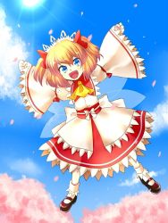 Rule 34 | &gt;:d, 1girl, akira (salmo-tora-ke), arms up, ascot, black footwear, blonde hair, blue eyes, blue sky, cherry blossoms, cloud, cloudy sky, commentary request, day, fairy wings, fangs, flying, full body, hair between eyes, hair ribbon, headdress, light rays, long sleeves, looking at viewer, mary janes, outdoors, outstretched arms, outstretched leg, petals, petticoat, red ribbon, red skirt, ribbon, ribbon-trimmed sleeves, ribbon trim, sash, shirt, shoes, skirt, sky, socks, solo, sun, sunlight, sunny milk, tongue, touhou, two side up, v-shaped eyebrows, white shirt, white socks, wide sleeves, wings, yellow ascot