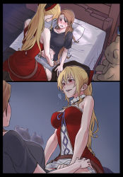 Rule 34 | 2girls, :d, assertive female, bare arms, bed, bedroom, black bow, black shirt, blonde hair, bow, brown hair, clothes lift, collarbone, commentary request, dress, from above, from below, girl on top, granblue fantasy, grey pants, groin, hair between eyes, hair bow, hair intakes, highres, indoors, katalina (granblue fantasy), long hair, lying, midriff, miso-ha (ukyuu), multiple girls, navel, on back, on bed, open mouth, pants, ponytail, purple ribbon, red bow, red dress, red eyes, ribbon, shirt, shirt lift, short sleeves, smile, split screen, stomach, straight hair, strapless, strapless dress, stuffed animal, stuffed toy, sweatdrop, t-shirt, teddy bear, two-tone bow, very long hair, vira (granblue fantasy), wooden floor, yuri
