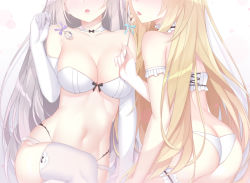Rule 34 | 2girls, absurdres, ass, bare shoulders, black bow, blonde hair, blush, bow, bow bra, bra, breasts, butt crack, cleavage, commentary request, crossed legs, elbow gloves, facing viewer, fang, gloves, head out of frame, highres, holding, jyt, long hair, medium breasts, multiple girls, navel, niliu chahui, original, panties, parted lips, siblings, silver hair, sisters, sitting, thighhighs, tokisaki asaba (niliu chahui), tokisaki mio (niliu chahui), underwear, underwear only, very long hair, white bra, white gloves, white legwear, white panties