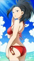 Rule 34 | 1girl, artist request, ass, back, bare shoulders, bikini, black hair, boku no hero academia, breasts, cowboy shot, day, female focus, from behind, game cg, grey eyes, hand on own cheek, hand on own face, high ponytail, highres, light, light particles, light rays, long hair, looking at viewer, medium breasts, neck, ocean, official art, open mouth, outdoors, partially submerged, ponytail, red bikini, shiny skin, side-tie bikini bottom, sky, solo, surprised, swimsuit, thighs, water, water drop, wet, wet bikini, yaoyorozu momo
