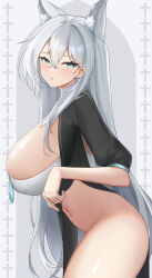 1girl alternate_costume animal_ear_fluff animal_ears black_jacket blue_archive blue_eyes bottomless breasts commentary_request cropped_jacket extra_ears grey_hair hair_between_eyes highres huge_breasts jacket jinmuxi_(user_pvha4443) long_hair looking_at_viewer navel nun open_mouth shiroko_(blue_archive) shiroko_terror_(blue_archive) solo thighs variant_set wolf_ears wolf_girl