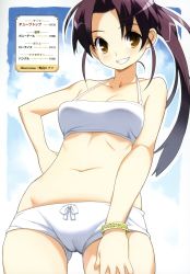 Rule 34 | 1girl, absurdres, bare shoulders, bikini, blush, bracelet, breasts, cameltoe, cleavage, clenched teeth, crop top, grin, halterneck, hand on own hip, highres, hip focus, jewelry, legs, long hair, looking at viewer, lowleg, midriff, navel, nora higuma, original, ponytail, purple hair, short shorts, shorts, small breasts, smile, solo, standing, swimsuit, tankini, teeth, thighs, translated, yellow eyes