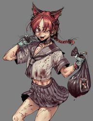 Rule 34 | 1boy, absurdres, alternate costume, animal ears, artist request, bag, bangle, black bow, black skirt, blood, blood on clothes, blue gloves, bow, bracelet, braid, braided ponytail, cat boy, cat ears, choker, commentary request, cookie (touhou), cowboy shot, ear piercing, extra ears, eyes visible through hair, fang, forked tongue, genderswap, genderswap (ftm), gloves, grey background, hair between eyes, hair bow, highres, holding, holding bag, implied murder, jewelry, jgknskdcfwnmnk (cookie), kaenbyou rin, looking at viewer, male focus, medium hair, midriff peek, miniskirt, navel, necklace, open mouth, piercing, pleated skirt, red eyes, red hair, ring, school uniform, serafuku, severed hair, shunga youkyu, simple background, skirt, solo, standing, star sapphire, tongue, tongue out, tongue piercing, toteraba, touhou, translation request, trap, trash bag, uneven eyes