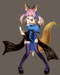 Rule 34 | 10s, 1girl, absurdres, animal ear fluff, animal ears, bad id, bad pixiv id, breasts, brown background, clog sandals, eyebrows hidden by hair, fate/extra, fate (series), fox ears, fox tail, hair between eyes, hair ribbon, highres, japanese clothes, legs, pink hair, ribbon, simple background, smile, solo, tail, tamamo (fate), tamamo no mae (fate/extra), thighhighs, tsukikanade, twintails, yellow eyes
