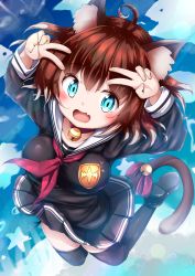 Rule 34 | 1girl, absurdres, ahoge, animal ear fluff, animal ears, arms up, bell, black footwear, black serafuku, black shirt, black skirt, black thighhighs, blue eyes, blue sky, bow, breasts, brown hair, cat ears, cat girl, cat tail, choker, cloud, commentary request, day, double v, fang, hair between eyes, highres, jingle bell, long sleeves, looking at viewer, medium breasts, midair, mochiyuki, moe2019, neck bell, neckerchief, open mouth, original, outdoors, pleated skirt, red bow, red choker, red neckerchief, sailor collar, school uniform, serafuku, shirt, shoe soles, shoes, skirt, sky, solo, tail, tail bell, tail bow, tail ornament, thighhighs, v, white sailor collar