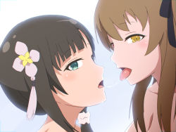 Rule 34 | 2girls, after kiss, assault lily, blue background, blush, brown hair, depa mi, female focus, flower, green eyes, hair flower, hair ornament, hair ribbon, heterochromia, kiss, kuo shenlin, long hair, looking at viewer, multiple girls, ribbon, saliva, saliva trail, simple background, tongue, tongue out, upper body, wang yujia, yuri