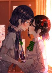 Rule 34 | 2girls, absurdres, bjcrk453, black hair, blurry, blurry background, blush, bow, bowtie, cardigan, commentary request, eye contact, face-to-face, green bow, green bowtie, green eyes, hair bow, highres, holding hands, long hair, long sleeves, looking at another, love live!, love live! school idol project, low twintails, multiple girls, open mouth, pink cardigan, pink scrunchie, purple hair, red bow, red eyes, school uniform, scrunchie, shade, short sleeves, striped bow, striped bowtie, striped clothes, striped neckwear, tojo nozomi, twintails, upper body, window, yazawa nico, yuri