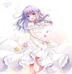Rule 34 | 1girl, :d, bare shoulders, blue flower, blush, braid, commentary request, dress, feet out of frame, flower, frilled dress, frills, hair flower, hair ornament, hand up, long hair, looking at viewer, murasaki (murasakiiro no yoru), off-shoulder dress, off shoulder, open mouth, original, pink flower, purple eyes, purple hair, skirt hold, smile, solo, standing, standing on one leg, white background, white dress, yellow flower