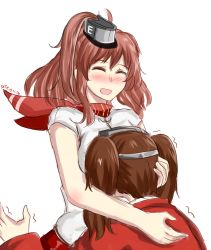 Rule 34 | 10s, 2girls, :d, artist name, blush, breast smother, breasts, brown hair, dated, dress, drie, closed eyes, hat, hug, kantai collection, long sleeves, magatama, multiple girls, open mouth, ryuujou (kancolle), saratoga (kancolle), short sleeves, simple background, smile, trembling, twintails, visor cap, white background, white dress, zipper