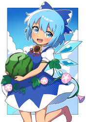 Rule 34 | 1girl, absurdres, barefoot, blue bow, blue dress, blue eyes, blue hair, blue sky, bow, cirno, cloud, dress, flower, food, fruit, hair bow, highres, holding, holding food, ice, ice wings, looking at viewer, miz (mizillustration), open mouth, pinafore dress, polka dot, puffy short sleeves, puffy sleeves, short hair, short sleeves, sky, sleeveless dress, solo, sunflower, tanned cirno, teeth, touhou, upper teeth only, watermelon, wings