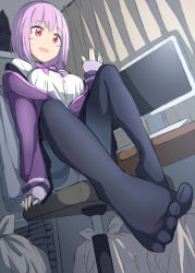 Rule 34 | 10s, 1girl, black pantyhose, blush, breasts, chair, feet, female focus, foot focus, from below, gridman universe, highres, large breasts, light purple hair, open mouth, panties, pantyhose, pantyshot, pov, red eyes, shinjou akane, sitting, smile, soles, solo, ssss.gridman, toes, underwear