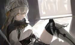 Rule 34 | 1girl, absurdres, arknights, armored boots, black cloak, black gloves, black shorts, black thighhighs, blurry, blurry background, boots, breasts, brown eyes, cloak, closed mouth, commentary request, depth of field, elbow gloves, fartooth (arknights), gloves, grey hair, hair between eyes, highres, knee boots, knee up, long hair, medium breasts, over-kneehighs, see-through, shirt, short shorts, shorts, sitting, solo, thighhighs, thighhighs under boots, uryu (uryu0329), very long hair, visor (armor), white shirt