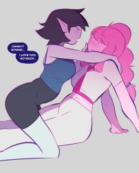 Rule 34 | 2girls, absurdres, adventure time, adventure time: fionna and cake, black hair, blush, breasts, colored skin, english text, fangs, grey skin, highres, long hair, marceline abadeer, medium breasts, multiple girls, parted lips, pink hair, pink skin, pointy ears, princess bonnibel bubblegum, short hair, steamylite, yuri