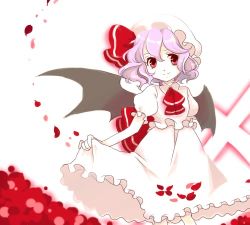 Rule 34 | 1girl, bat wings, chigo, cowboy shot, dress, female focus, hat, hat ribbon, looking at viewer, looking back, lowres, mob cap, petals, puffy short sleeves, puffy sleeves, red eyes, remilia scarlet, ribbon, rose petals, short hair, short sleeves, silver hair, simple background, solo, touhou, white background, white dress, wings