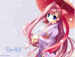 Rule 34 | 1girl, blue eyes, female focus, japanese clothes, kimono, long hair, red hair, smile, snow, solo, sorairo no organ, tagme, umbrella