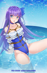 Rule 34 | 1girl, :o, bad id, bad pixiv id, bare shoulders, bdsm, blue eyes, blue one-piece swimsuit, blue ribbon, blush, bondage, bound, breasts, choker, collarbone, commentary request, fate/grand order, fate (series), frills, haimei1980, hair between eyes, in water, long hair, long sleeves, medium breasts, meltryllis, meltryllis (fate), meltryllis (swimsuit lancer) (fate), meltryllis (swimsuit lancer) (second ascension) (fate), one-piece swimsuit, purple hair, restrained, ribbon, sleeves past fingers, sleeves past wrists, solo, swimsuit, thighs, very long hair