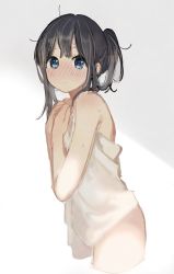 Rule 34 | 1girl, bare shoulders, black hair, blue eyes, blush, closed mouth, commentary request, from side, grey background, hands on own chest, kitashirakawa tamako, liquid, long hair, looking at viewer, momose (oqo), nose blush, nude, ponytail, sidelocks, simple background, solo, tamako love story, tamako market, towel, water drop, white towel