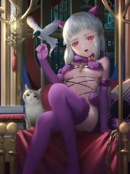 Rule 34 | 1girl, animal ears, bird, book, bow, breasts, cat, cat ears, copyright request, elbow gloves, fur trim, gloves, head tilt, highres, hk (hk), long hair, looking at viewer, md5 mismatch, o-ring, open mouth, pink bow, red eyes, sitting, small breasts, teeth, thighhighs, upper teeth only