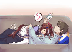 Rule 34 | 1boy, 1girl, animal ears, back bow, black pants, black thighhighs, blouse, blue bow, blue eyes, blue jacket, blue ribbon, blue shirt, blush, book, bookmark, bow, brown hair, closed eyes, commentary request, couch, dot nose, drooling, from side, gradient background, hair bow, hair ribbon, hand on another&#039;s waist, happy, high ponytail, highres, holding, holding book, horse ears, horse girl, horse tail, jacket, long hair, lying, lying on person, miniskirt, multicolored hair, on back, on couch, pants, pleated skirt, puffy short sleeves, puffy sleeves, purple shirt, reading, red bow, ribbon, sailor collar, school uniform, shirt, short sleeves, skirt, sleeping, soramuko, streaked hair, tail, tail wagging, thighhighs, tokai teio (umamusume), tracen school uniform, trainer (umamusume), two-tone hair, umamusume, white hair, white skirt, white thighhighs, zzz