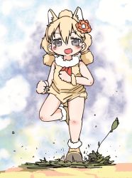 Rule 34 | 10s, 1girl, :d, alpaca ears, alpaca suri (kemono friends), alternate hairstyle, animal ears, bare arms, bare shoulders, blonde hair, boots, commentary, extra ears, flower, full body, fur collar, grey eyes, hair between eyes, hair flower, hair ornament, highres, horizontal pupils, kemono friends, long hair, looking at viewer, open mouth, poladora, running, sleeveless, smile, solo, aged down
