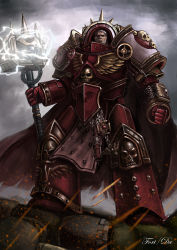 Rule 34 | 1boy, absurdres, adeptus astartes, armor, blonde hair, cape, closed mouth, gabriel angelos, gauntlets, hammer, highres, holding, holding weapon, moonface, pauldrons, power armor, red armor, red cape, short hair, shoulder armor, skull, sky, solo, war hammer, warhammer 40k, weapon