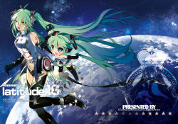 Rule 34 | 1girl, alternate costume, aqua eyes, aqua hair, belt, chibi, collaboration, earth (planet), elbow gloves, gloves, hatsune miku, hatsune miku (append), long hair, mao yu, open mouth, space, starshadowmagician, thighhighs, twintails, very long hair, vocaloid, vocaloid append