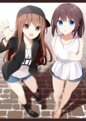 Rule 34 | 2girls, :d, :o, a.a (aa772), arm up, bare arms, bare shoulders, baseball cap, black footwear, black hat, black jacket, black legwear, blue eyes, blue shorts, bracelet, brown eyes, brown hair, collarbone, commentary request, day, hair between eyes, hakama-chan (aa), hat, jacket, jewelry, leaning to the side, long hair, multiple girls, open clothes, open jacket, open mouth, original, outdoors, parted lips, ring, sandals, shadow, shirt, shoes, short shorts, shorts, sideways hat, sleeveless, sleeveless shirt, smile, socks, standing, toenails, very long hair, white shirt