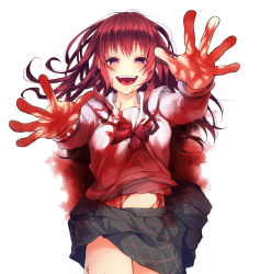 Rule 34 | 1girl, :d, black skirt, blood, blood on clothes, blood on face, blood on hands, blush, breasts, empty eyes, eyebrows, eyes visible through hair, facing viewer, hair between eyes, highres, kanai kanae, kimi ni aisarete itakatta, long hair, long sleeves, looking at viewer, messy hair, miniskirt, navel, open mouth, original, outstretched arms, palms, plaid, plaid skirt, purple eyes, red hair, sailor collar, school uniform, serafuku, shiori (moechin), shirt, sidelocks, simple background, skirt, small breasts, smile, solo, stomach, tareme, teeth, tongue, white background, white sailor collar, white shirt