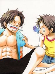 Rule 34 | 2boys, brothers, bug, butterfly, east blue, indian style, bug, kara (acluf-0156), male focus, monkey d. luffy, multiple boys, one piece, open clothes, open shirt, portgas d. ace, shirt, shueisha, siblings, sitting, smile, tank top, aged down