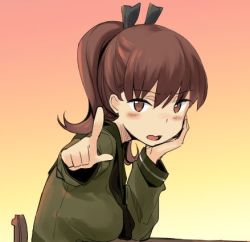 Rule 34 | 1girl, alternate hairstyle, black neckerchief, brown eyes, brown hair, commentary request, gradient background, green sailor collar, green serafuku, hand on own face, kantai collection, long hair, looking at viewer, lowres, neckerchief, ooi (kancolle), open mouth, orange background, pointing, pointing at viewer, ponytail, sailor collar, school uniform, serafuku, solo, tenbin kurashi, upper body