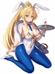 Rule 34 | 1girl, animal ears, artoria pendragon (all), artoria pendragon (fate), artoria pendragon (swimsuit ruler) (fate), bad id, bad pixiv id, bare shoulders, blonde hair, blue pantyhose, breasts, cleavage, detached collar, fake animal ears, fate/grand order, fate (series), feather boa, fishnets, green eyes, hair between eyes, harimoji, high heels, highres, holding, holding tray, large breasts, leotard, long hair, looking at viewer, necktie, pantyhose, parted lips, playboy bunny, ponytail, rabbit ears, sidelocks, sitting, solo, tray, wariza, white footwear, white leotard, wrist cuffs
