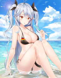 Rule 34 | 1girl, :o, absurdres, antenna hair, arm support, ass, azur lane, bare arms, bare legs, bare shoulders, bikini, black bikini, black ribbon, blue sky, breasts, cleavage, cloud, cloudy sky, collarbone, commentary request, day, feet out of frame, flag print, food, german flag bikini, hair ribbon, halterneck, highres, holding, horizon, kitin, knees up, large breasts, long hair, looking at viewer, multicolored hair, ocean, parted lips, popsicle, prinz eugen (azur lane), prinz eugen (unfading smile) (azur lane), red eyes, ribbon, side-tie bikini bottom, sidelocks, silver hair, sitting, sky, solo, streaked hair, sunlight, swimsuit, thigh strap, thighs, two side up, very long hair, water