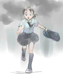 Rule 34 | 1girl, bag, bookbag, cloud, duffel bag, ikeda jun (mizutamari), original, running, school bag, school uniform, serafuku, shoes, socks, solo