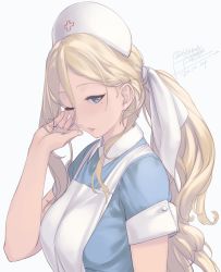 Rule 34 | 1girl, alternate costume, alternate hairstyle, apron, blonde hair, blue dress, blue eyes, commentary request, dress, hair between eyes, hat, highres, kantai collection, long hair, looking at viewer, mole, mole under eye, mole under mouth, nurse, nurse cap, one eye closed, ponytail, richelieu (kancolle), rokuwata tomoe, simple background, solo, upper body, white apron, white background, white hat