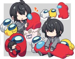 Rule 34 | 4others, ahoge, ambiguous gender, among us, androgynous, bag, biting, black hair, blue pants, character doll, crewmate (among us), disembodied hand, english text, faceless, grey hoodie, hands on another&#039;s head, holding, holding stuffed toy, hood, hoodie, impostor (among us), kiman, label, multiple others, multiple views, original, pants, rayman limbs, red (among us), sidelocks, sitting, smile, socks, spacesuit, standing, stuffed toy, they (kiman), twitter username, watermark, white (among us), white bag, yellow (among us)
