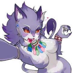 Rule 34 | 1girl, alternate form, animal ears, armlet, bracelet, breasts, cat ears, cat girl, cat tail, claws, colored sclera, condom, condom in mouth, condom necklace, condom packet strip, condom wrapper, earrings, fangs, furry, heavy breathing, highres, holliburd, isabella (seiken densetsu 3), jewelry, mouth hold, necklace, no nipples, open mouth, purple fur, purple hair, red sclera, ring, seiken densetsu, seiken densetsu 3, sexually suggestive, slit pupils, tail, used condom
