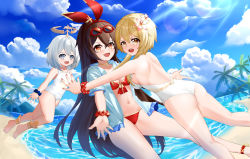 Rule 34 | 3girls, :d, absurdres, alternate costume, amber (genshin impact), anklet, ass, bare back, beach, bikini, blonde hair, blue sky, breasts, brown eyes, brown hair, cleavage, cloud, cloudy sky, coconut tree, commentary request, eyewear on head, floating, genshin impact, grey eyes, hair between eyes, hairband, halo, highres, horizon, hug, jewelry, long hair, looking at viewer, lumine (genshin impact), mechanical halo, multiple girls, navel, ocean, one-piece swimsuit, open mouth, outstretched arms, paimon (genshin impact), palm tree, red bikini, scrunchie, short hair, short hair with long locks, short sleeves, sideboob, sidelocks, sky, skym (kumei), sleeveless, smile, spread arms, stomach, sunglasses, swimsuit, tree, white hair, white one-piece swimsuit, wrist scrunchie, yellow eyes