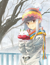 Rule 34 | 1girl, bare tree, brown eyes, coat, hat, highres, hirokiku, multicolored clothes, multicolored scarf, original, scarf, silver hair, snow, snow rabbit, snowing, solo, striped clothes, striped scarf, toggles, tree, winter clothes