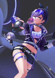Rule 34 | 1girl, absurdres, belt, black shorts, blowing bubbles, character doll, commentary request, crop top, eyewear on head, fishnets, grey eyes, heitong kino, highres, holding, honkai: star rail, honkai (series), indoors, jacket, long hair, midriff, navel, purple hair, purple jacket, shirt, short shorts, shorts, silver wolf (honkai: star rail), spray paint, standing, stomach, sunglasses, thighs, white belt, white shirt