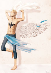 Rule 34 | 1boy, blonde hair, blue fire, feathers, fire, male focus, marco (one piece), one piece, solo, topless male, transformation, wings