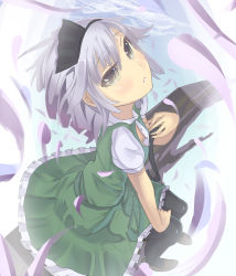 Rule 34 | 1girl, black pantyhose, daito, downblouse, female focus, from above, grey eyes, hairband, konpaku youmu, loafers, necktie, no bra, pants, pantyhose, shoes, short hair, silver hair, sitting, solo, touhou, undone necktie
