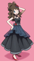 Rule 34 | 1girl, absurdres, alternate costume, antenna hair, bare arms, black dress, blue eyes, brown hair, collarbone, commentary request, creatures (company), dress, eyelashes, flower, full body, game freak, hair flower, hair ornament, hand on own head, hand on own hip, high heels, highres, hilda (pokemon), ice ground, long hair, looking at viewer, nintendo, official style, one eye closed, pokemon, pokemon bw, red flower, red footwear, sleeveless, sleeveless dress, smile, solo, standing
